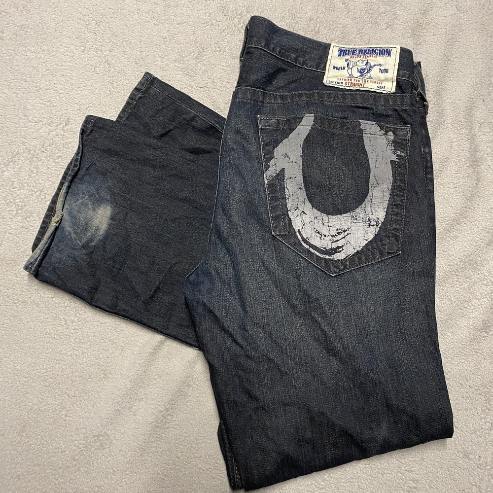True Religion Straight Jeans Mens 36x34 Painted Logo Pockets Distressed
